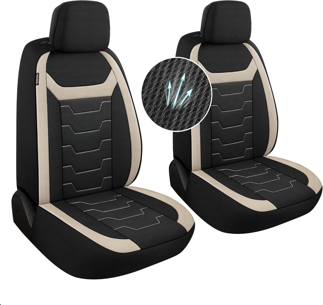Breathable Car Seat Covers 2 Front Set, 3D Air-Mesh Seat Covers for Cars, Airbag Compatible Car Interior Covers Universal for Most Cars Sedan Truck SUV(Black/Beige)