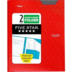 Five Star 2-Pocket Folder, Plastic Folder with Stay-Put Tabs and Prong Fasteners, Holds 8-1/2" x 11" Paper, Fire Red (72109), Set of 2