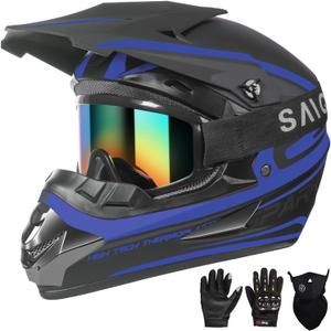Youth Kids Motocross Helmet, Adult ATV Dirt Bike Helmet, Off-Road BMX 4-Wheeler Full Face Motorcycle Helmet W/Goggles Gloves & Mask, DOT Approved, Purple Blue, S