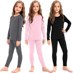 Silkfly 3 Set Girls Thermal Underwear Soft Winter Thermal Top and Bottom with Fleece Lined Base Layer for Girls (X-Small, Black, Gray, Pink)