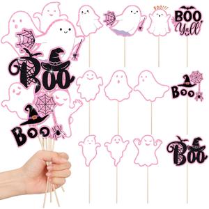 2 x Soulchen 24 Pcs Glitter Pink Ghost Centerpiece Sticks Halloween Ghost Boo Theme Party Table Topper Centerpiece Decorations for Halloween Party Baby Shower Supplies
