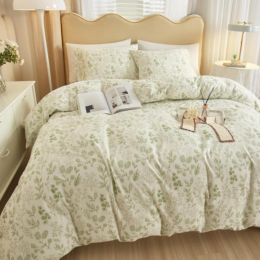 HighBuy 3 Pieces Duvet Cover Queen White Duvet Cover with Green Floral Print,Coquette Soft Comforter Cover Boho Style,Aesthetic Queen Bedding Set with Zipper Closure 4 Ties,All Season (Queen(90"x90"))
