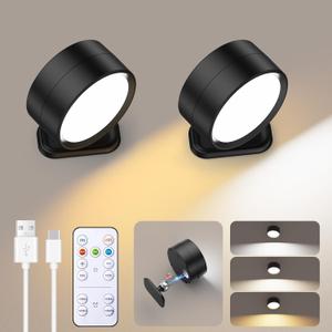Brightown LED Magnetic Wall Sconce Lights, 2 Pack USB Rechargeable Wall Mounted Lights with Remote, 3 Lighting Colors and Dimmable, 360 Rotation Cordless Wall Mount Lamp for Bedroom, Black