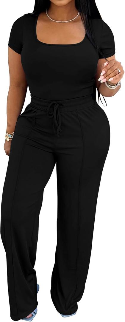 PINSV Women's 2 Piece Outfits Lounge Short Sleeve Tops High Waisted Wide Leg Pants Tracksuit Sets Black M
