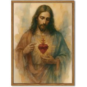 Framed Sacred Heart of Jesus Wall Art, Christian Jesus Paintings Wall Decor, Catholic Divine Mercy Pictures Canvas Prints Religious Home Decor for Living Room Bedroom Prayer Room Church 16×24 Inch