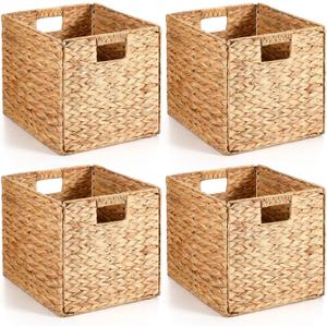 Layhit 4 Pcs Wicker Storage Basket Water Hyacinth Handwoven Baskets with Handles Foldable Woven Organizer Multipurpose Wicker Storage Bins for Bedroom Living Room(13 x 11 x 11'',Natural)