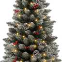 Decoway 4ft Christmas Tree Pre-Lit Artificial Mini Trees with Gold Pot Base, Flocked Snow 70 Warm White Led Lights Pine Cones Red Berries, for Entrances, Home Decorations Holiday Decor