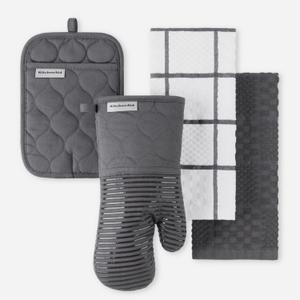 KitchenAid Quilted Cotton Terry Cloth Oven Mitt, Pot Holder, Kitchen Towel 4-Pack Set, Heat Resistant, Silicone Grip, Gift Set, Charcoal Grey, 16"x26", 7"x13" & 7"x10"