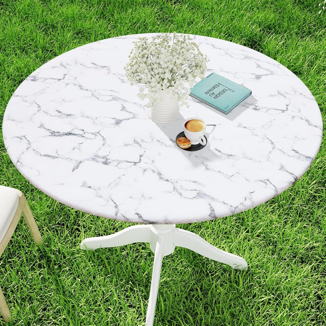 Moosfor Spandex Elastic Fitted Round Tablecloth for 36"-44" Tables, Stretch Washable Reusable Table Cover for Outdoor Picnic, Camping, Dining, Kitchen, Patio and Party, Marble