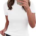 PRETTYGARDEN Women's Short Sleeve Ribbed Knit T Shirts, White, S