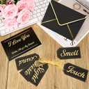 Bafeil 5 Senses Gift Wrapping Paper Set for Him with Labels Envelopes Ribbon Cards, Black with Gold Letters Five Senses Gift for Anniversary Valentine's Day Birthday