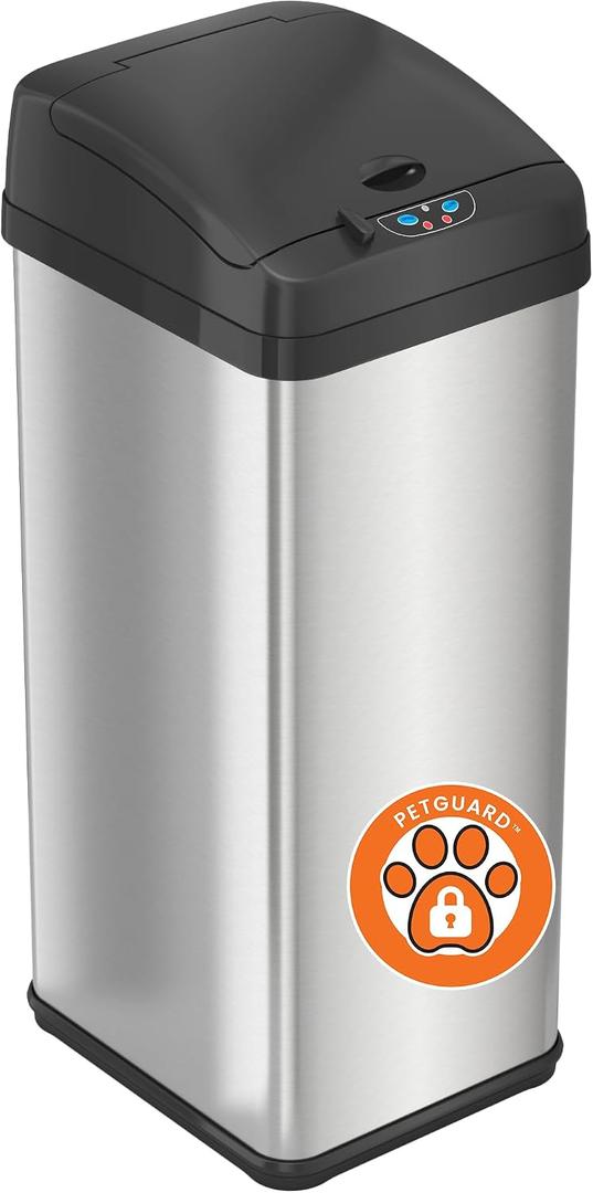 iTouchless 13 Gallon Pet-Proof Sensor Trash Can with AbsorbX Odor Filter Kitchen Garbage Bin Prevents Dogs & Cats Opening Lid, Stainless Steel plus PetGuard, Battery and AC Adapter (Not Included)