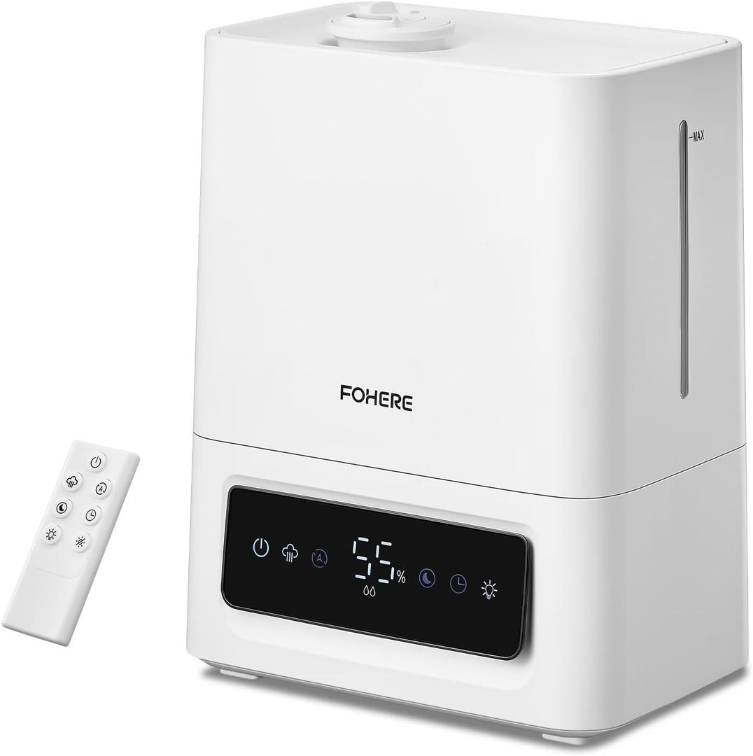 FOHERE 6L Humidifiers for Bedroom, 60H Cool Mist Humidifier for Large Room, 28dB Ultra-Quiet Runtime for Baby, Indoor, Plants, Smart Humidity Sensor, 16H Timer, Night Light, Oil Diffuser, White