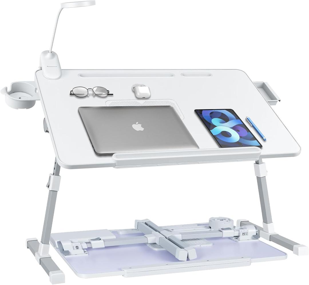 iXTRA Laptop Lap Desk with Cooling Fan - Adjustable Bed Desk with Light, Bed Table with Cup Holder&Phone Holder - Storage Drawer Desk - Folding Bed Desk,White,70x45cm
