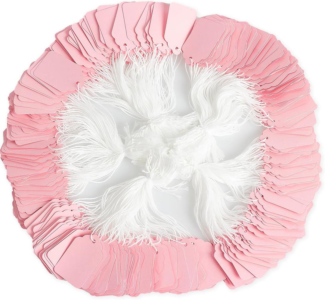 500 Pack Pink Hang Tags with White Cotton Strings Attached –1.88inch x 1.18inch – Bulk Clothing Tags for Retail, Crafting, Events, and Product Branding