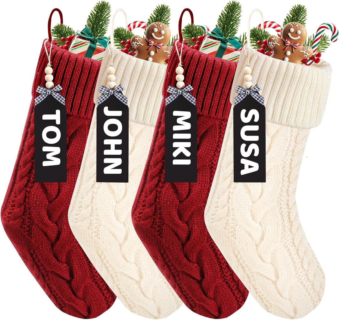 Christmas Stockings Set of 4,18" Large Personalized Knitted Red White Christmas Stockings Customized with Name Tags for Kids Holiday Xmas Family Fireplace Party Hanging Decoration Stockings Gifts