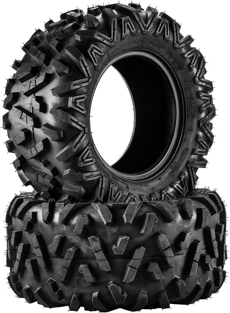Torchbeam 25x10-12 ATV UTV All-Terrain Tires, 6PR, Set 2 | Asymmetric All-Terrain Tread, Tubeless, 19mm Lugs, 420lbs Load. Significantly enhances cornering stability & traction