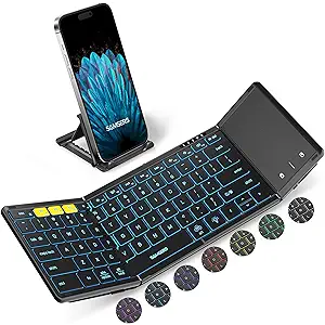 Samsers Foldable Bluetooth Keyboard with Touchpad, FullSize Wireless Folding Keyboards with Backlight, Portable Travel for iOS Android Windows Mac OS, Support 3 Device(BT5.1 x 3), Black