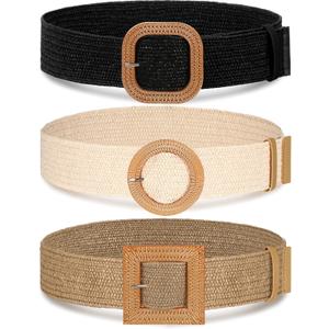 Syhood 3 Pieces Straw Woven Elastic Waist Belt for Women Bohemian Dress Braided Belt (Fit Waist Size Below 36'', Black, Khaki, Apricot)