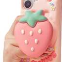 Cute 3D Strawberry Pop-Up Stand and Grip Phone Case for iPhone 16, Kawaii Girly Silicone Fruit Cover for Girls and Women, Pink