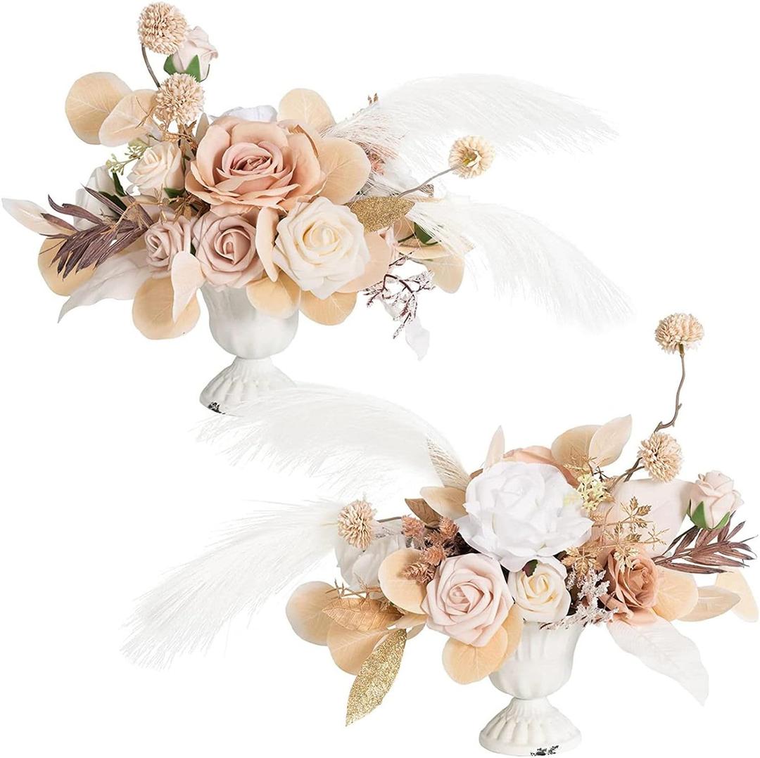 Flower Balls Arrangement Bouquet - 2 Pcs White Rose Fake Flowers Balls for Centerpieces Tables, Artificial Wedding Flowers for Wedding Aisle Decor (Beige)