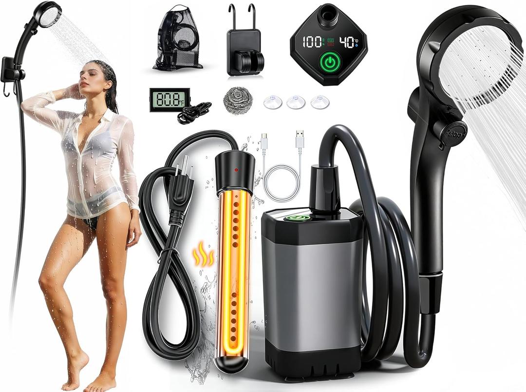 2026 Upgraded Portable Camping Shower with Heater,2000W Camping Water Heater with Shower Head 3 Spray Modes,6000mAh Rechargeable Camping Shower Pump with LED Display,Outdoor Heated Camp Shower for Car