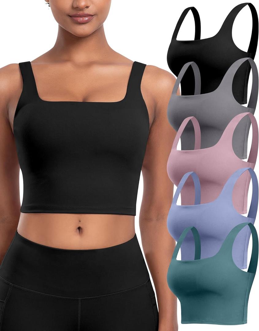 Womens Sports Bras 5 Packs - Square Neck Longline Workout Crop Tank Tops Padded Yoga Camisole with Built in Pads (Small, 5 Packs - Black/Dark Gray/Lilac Pink/Blue/Teal)