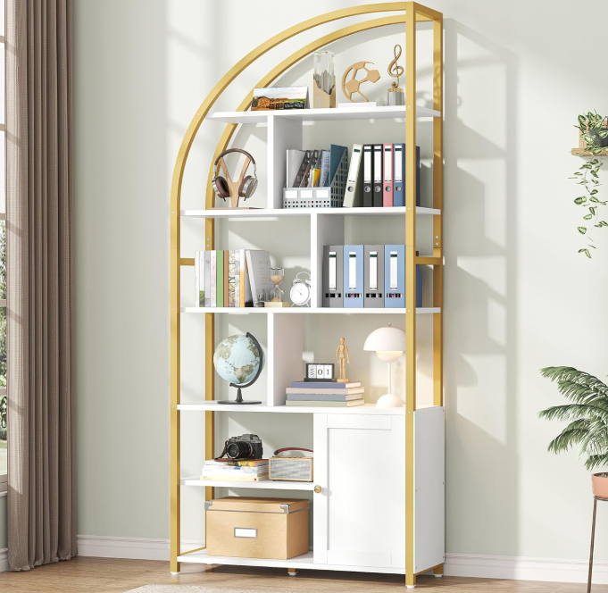 Semoic 6-Tier Bookshelf with Door, 71.1" Tall Industrial Book Shelf with Metal Frame & 9 Open Display Shelves, Large Display Shelving Unit, White Geometric Book Shelf for Lving Room, Home Office, White 