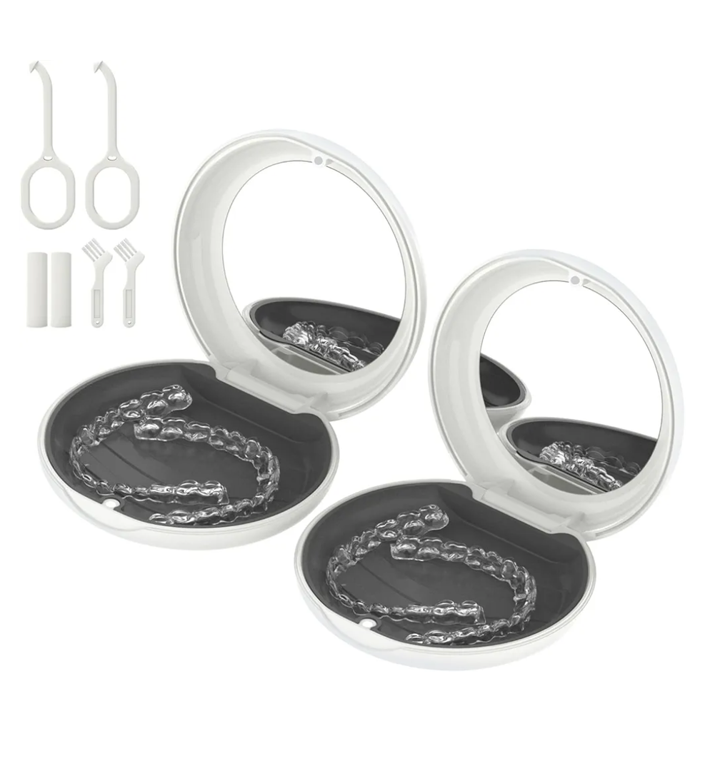 2 Pack Retainer Case with Mirror, Compatible with Invisalign, Slim Aligner Case for Travel, Includes Removal Tools, Seaters & Brush, Magnetic Secure Closure Retainer Box - White