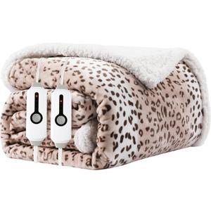 Electric Heated Blanket 84"x90" Queen Size, Dual-Sided Microplush Sherpa for Bedroom Couch Use, 4 Heat Settings & 10 Hours Auto Off, Dual Controller, Machine Washable - Beige Leopard Print
