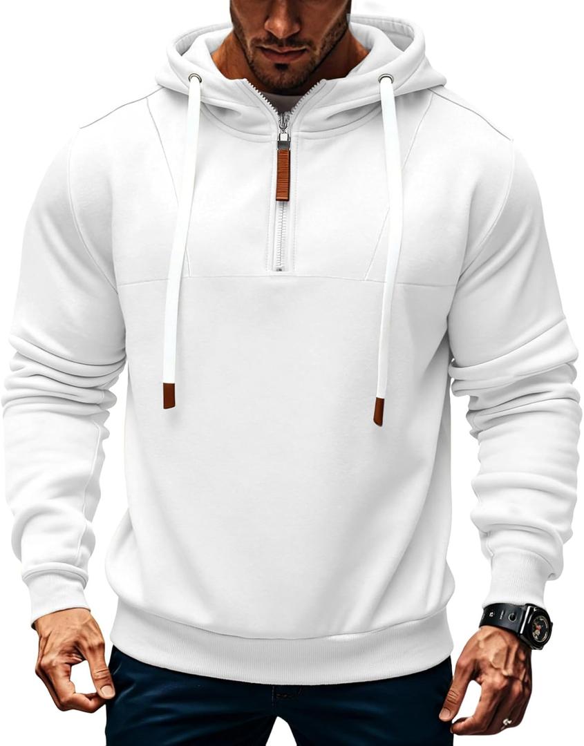 Mens Quarter Zip Hoodie Sweatshirt Warm Fleece Long Sleeve Pullover Hoodies for Men (Medium, Pure White)