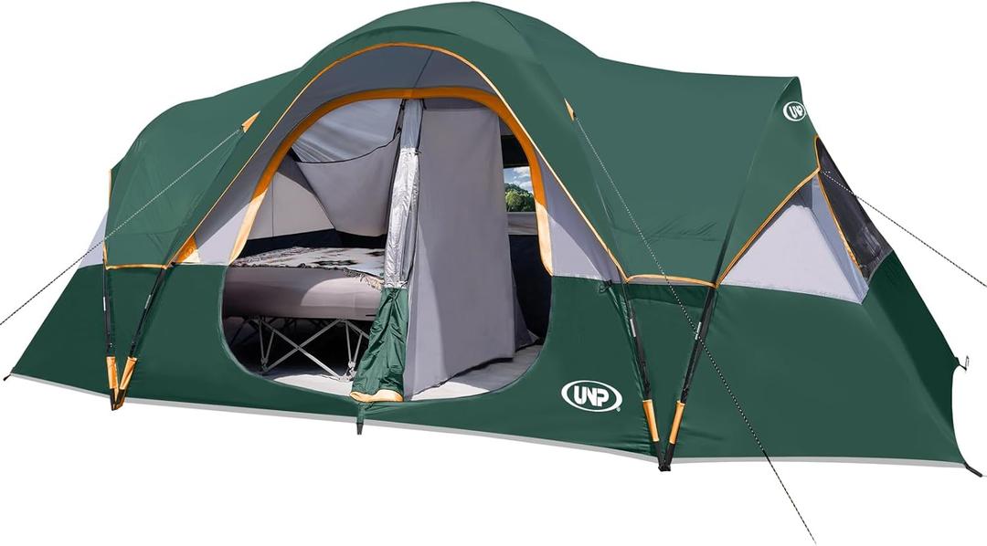 UNP Camping Tent 10-Person-Family Tents, Parties, Music Festival Tent, Big, Easy Up, 5 Large Mesh Windows, Double Layer, 2 Room, Waterproof, Weather Resistant, 18ft x 9ft x78in (Dark Green)