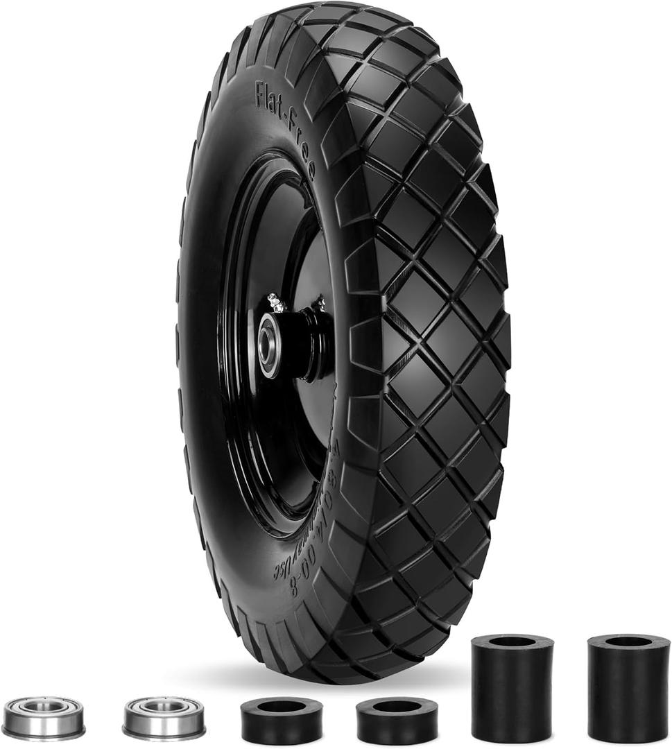 Pontuss Upgraded 16" Flat Free Wheelbarrow Wheels and Tires, 4.80/ 4.00-8 Solid Wheelbarrow Tires with 5/ 8"&3/ 4" Bearings, 14"-16" Universal Fit Wheelbarrow Tires for Wheelbarrows/ Garden Trailer
