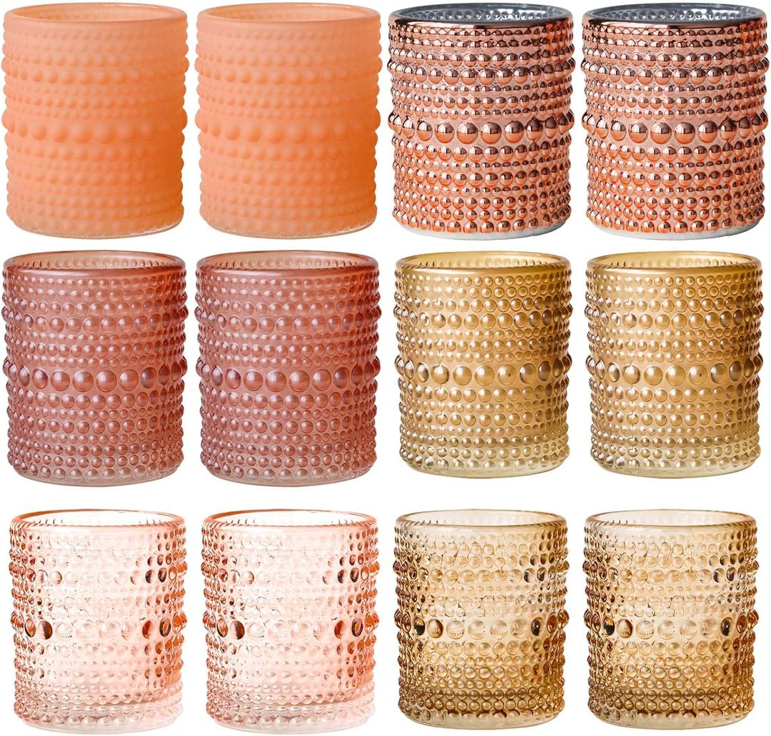 WDHODEC Pink Votive Candle Holders Set of 12 - Vintage Hobnail Glass Tealight Holders for Wedding, Valentine's, Party Table Centerpiece Decor