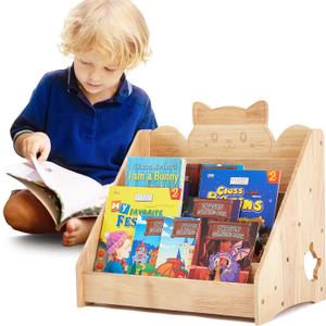 Juexica Kids Bookshelf 5 Tier Toddler Bookshelf Book Display Shelf Organizer Wood Bookcase with Chalkboard and Storage Kids Magazine Rack for Classroom Bedroom Nursery Furniture (Cat)