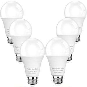 6-Pack Dusk to Dawn Light Bulbs Outdoor, A19 LED Photocell Sensor Bulbs Auto On/Off, 1100LM 3000K Soft White, E26 Base for Porch, Garage, Security LightingNon-dimmable