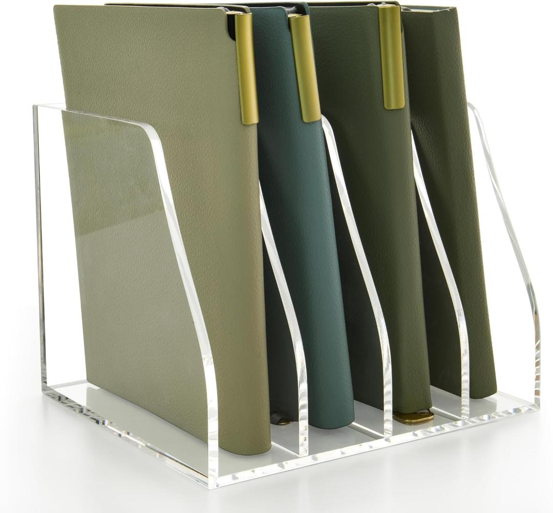 Acrylic Magazine File Holder, 4 Vertical Compartments Desk Document Sorter Organizer, Clear Folder Rack Binder for Office/Home/Classroom, for Documents, Tablet, Magazines, Books & Accessories (B5, 4 Sections)