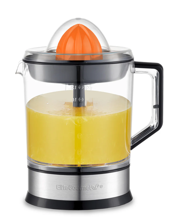 Elite Gourmet ETS740 BPA-Free 40-Watt Electric Citrus Juicer with 2 Cones, Compact, Large Volume, Pulp Control, Oranges, Lemons, Limes, Grapefruits with Easy Pour Spout, 1.2L, Black/Stainless Steel