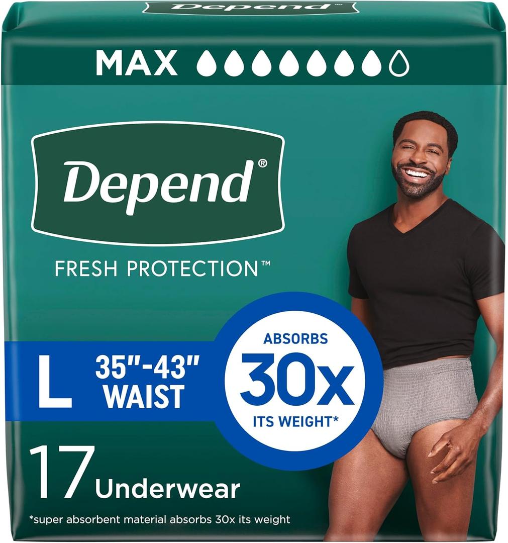 Depend Fresh Protection Adult Diapers, Incontinence Underwear for Men, Disposable, Maximum, Large, Grey, 17 Count