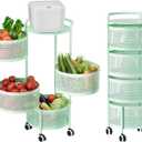 JAQ Kitchen Storage Rack No Assembly, 4-Tier Metal Storage Tower Basket Shelves Organizer on Rolling Wheels with Removal Drawers for Fruit Vegetable Grocery Corns Potato Onion (4-Tier, Green), 13.38 X 13.38 X 29.13 Inches