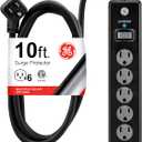 GE 6-Outlet Surge Protector, 10 Ft Extension Cord, Power Strip, 800 Joules, Twist-to-Close Safety Covers, Protected Indicator Light, ETL Listed, Black, 37442