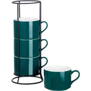 10oz Porcelain Stackable Coffee Mugs and Metal Stand Set of 4, Espresso Cups Set for Hot Drinks, Cappuccino, Tea-Green