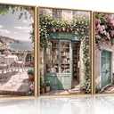 Modern French Flower Street Framed Canvas Wall Art Set, Romantic Green Landscape Wall Decor, Vintage Mediterranean Bookstore Neutral Coast Cityscape Artwork for Living Room, Bedroom-24 x36 x3