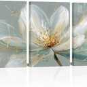 White Lotus Canvas Wall Art Grey Gold Floral Decor Living Room Bedroom | Neutral White Magnolia Canvas Print Flower Painting Abstract Artwork Farmhouse Zen Home Decor 3 Panel 16x24 Inch