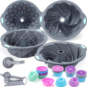 69 Pieces Silicone Fluted Cake Pans, 10/12 Cups Tube Baking Pan, Silicone Molds for Homemade Cake and Bread, Baking Cups, Non-Stick Kitchen Oven Baking Pans, Grey (69pcs big cake pans)