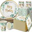 Skylety 200 PCS Sage Green Baby Shower Decorations Eucalyptus Disposable Plates and Cups and Napkins Sets Serves 50 Green Gold Plant Theme Plates for Baby Shower Gender Reveal Neutral Party Supplies