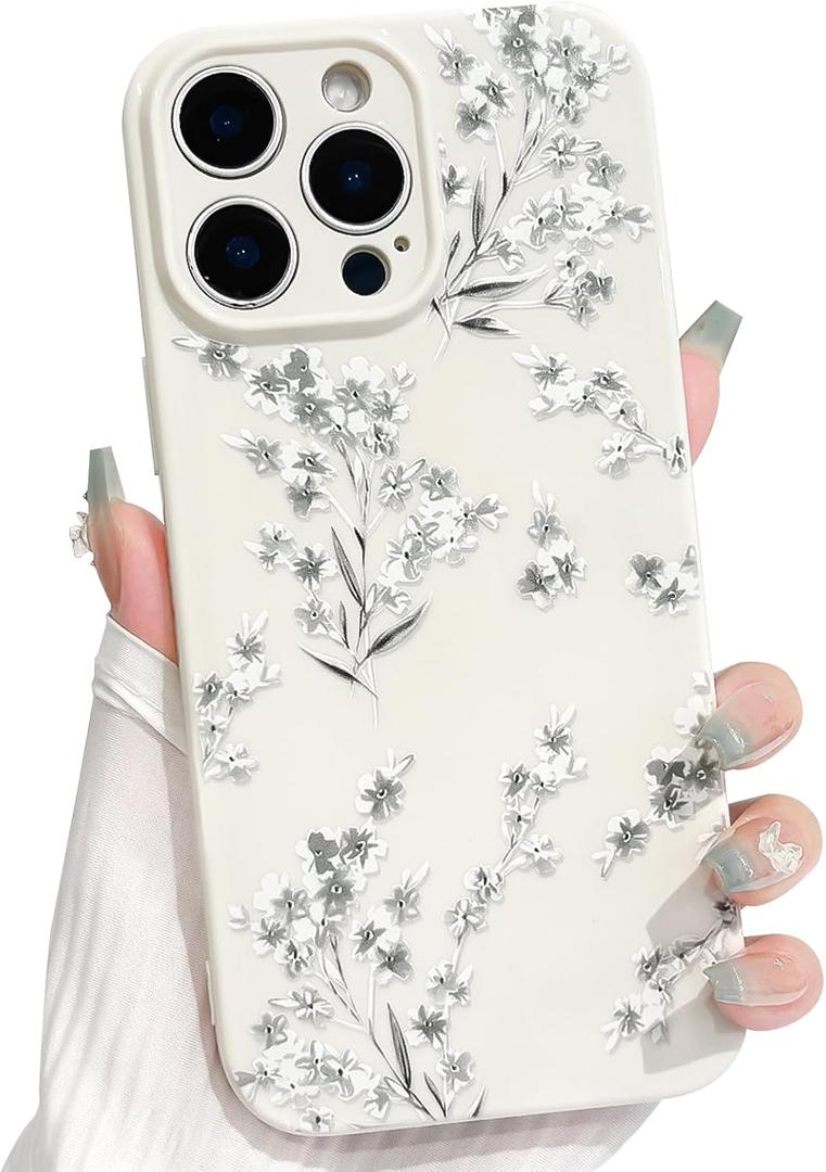 NITITOP Compatible with iPhone 14 Pro Case Cute Flower Floral Branch Leaves Pattern for Women Girls Trendy Slim Fit TPU Bumper Silicone Shockproof Full Camera Protection Cover - White