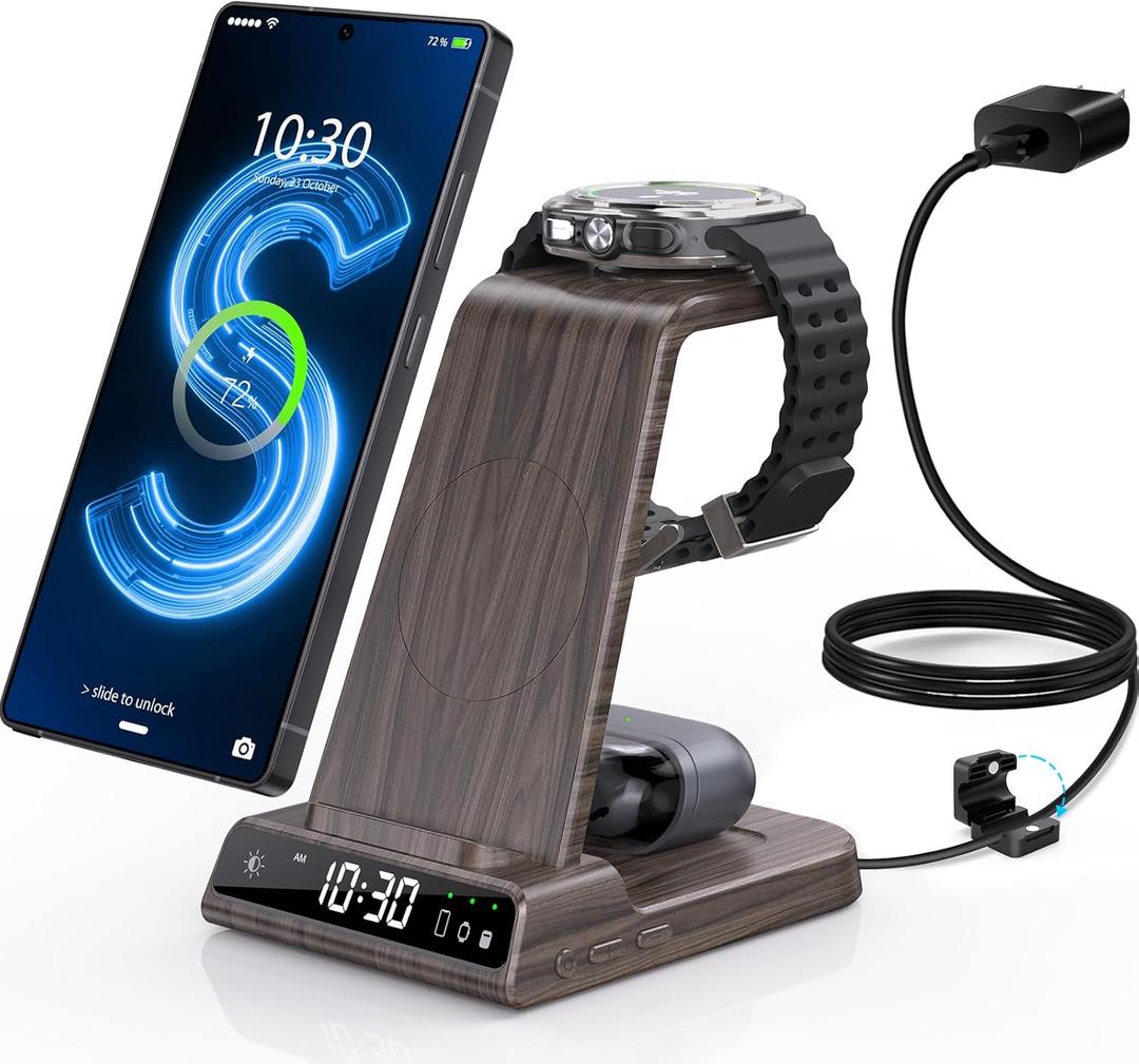 Wireless Charger for Samsung Charging Station with Clock for Samsung Galaxy S25 Ultra/S24 Ultra/Z Flip 7/Fold 6/Galaxy Bud, 3 in 1 Charger Station Watch Charger for Galaxy Watch 8/7/6/5Pro(Wood Grain)