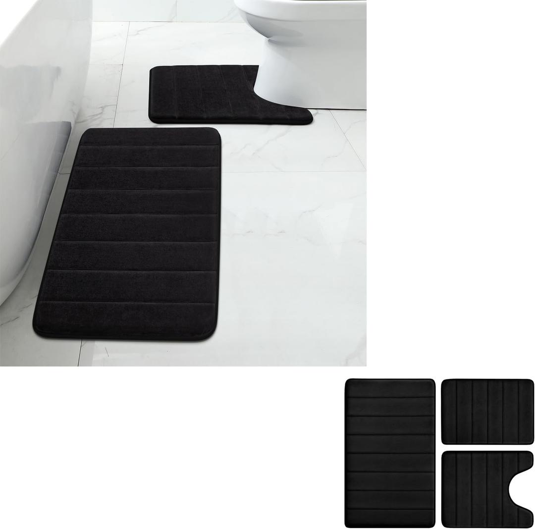BYSURE Bathroom Rugs Sets 5 Piece, Memory Foam Bath Mats with U-Shape (Black)