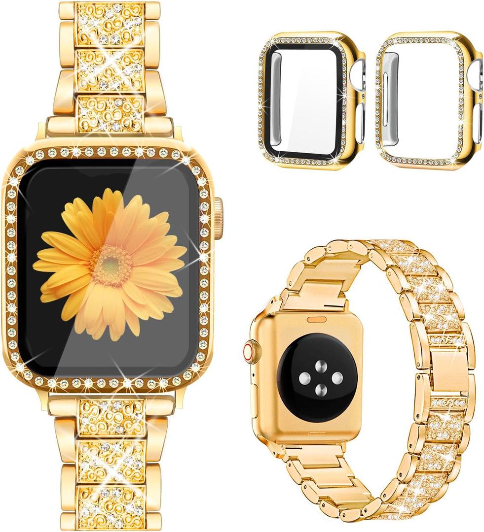 Mesime Compatible for Apple Watch Band with Screen Protector Case, Jewelry Replacement Bands 46mm 45mm 44mm 42mm 41mm 40 mm 38mm 2 Pack Protective Cover for iWatch Series 10/9/8/7/6/5/4/3/2/1/SE Women (Gold)